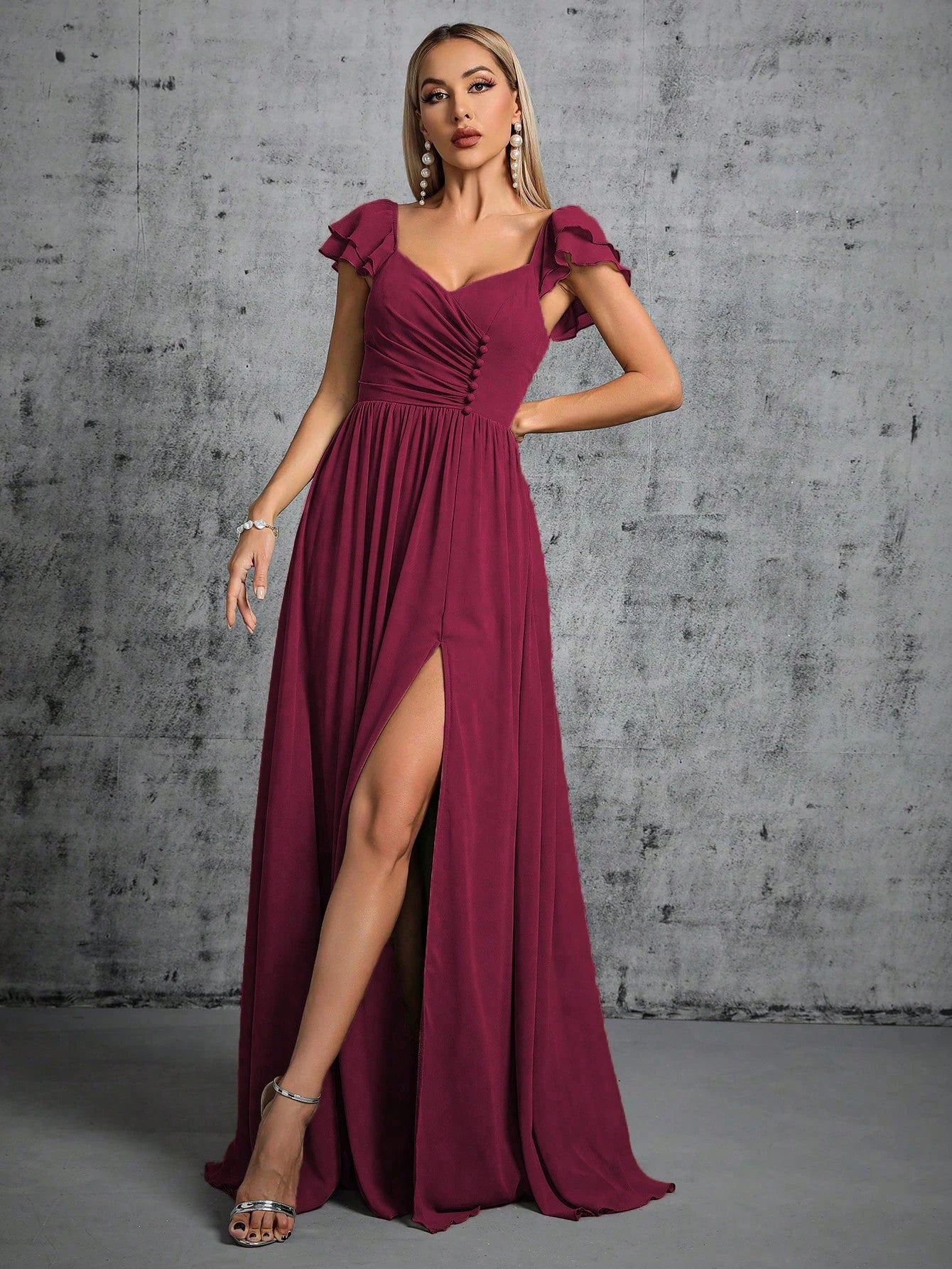 Horseshoe collar ruffled sleeves clasp open evening dress