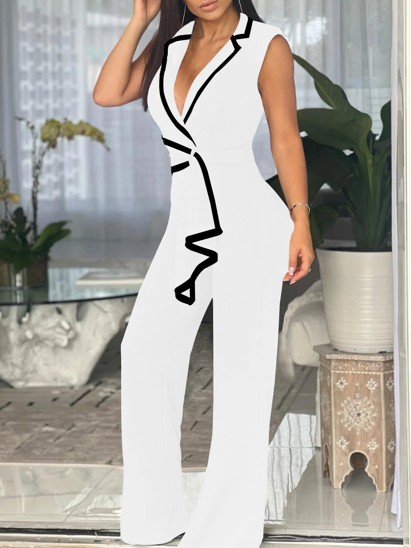 Striped Splicing Notched Collar Wide Leg Jumpsuits