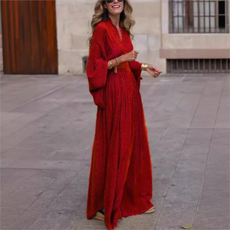 V-neck Folds Waist Loose Maxi Dress