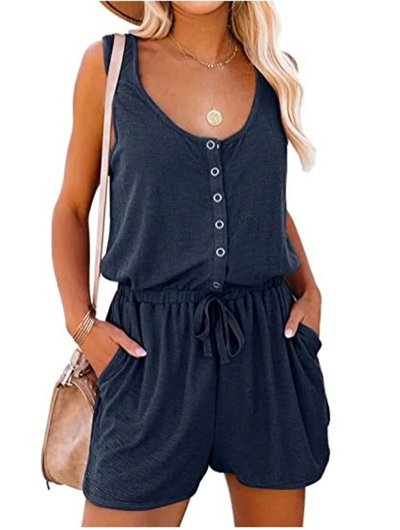 Summer Button Style New Sleeveless Jumpsuit With Waist Tied
