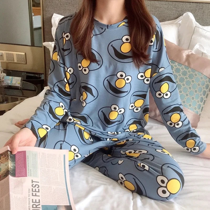 2 pieces Round Neck  Printed Pajamas Set