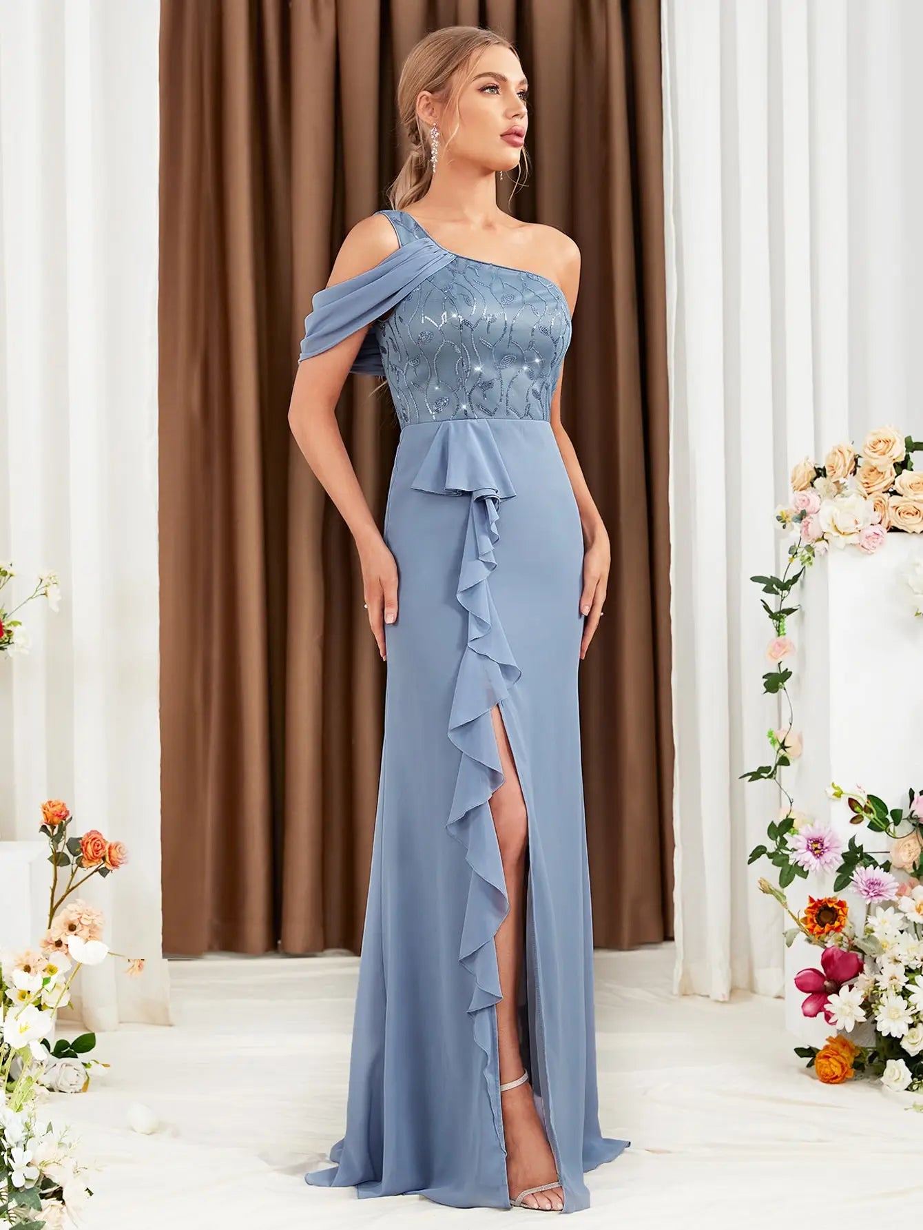 One-shoulder lace sequin Evening Dress