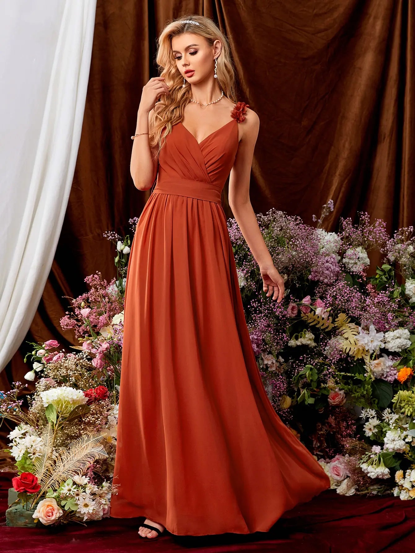 Backless cross pleated flower elegant evening gown