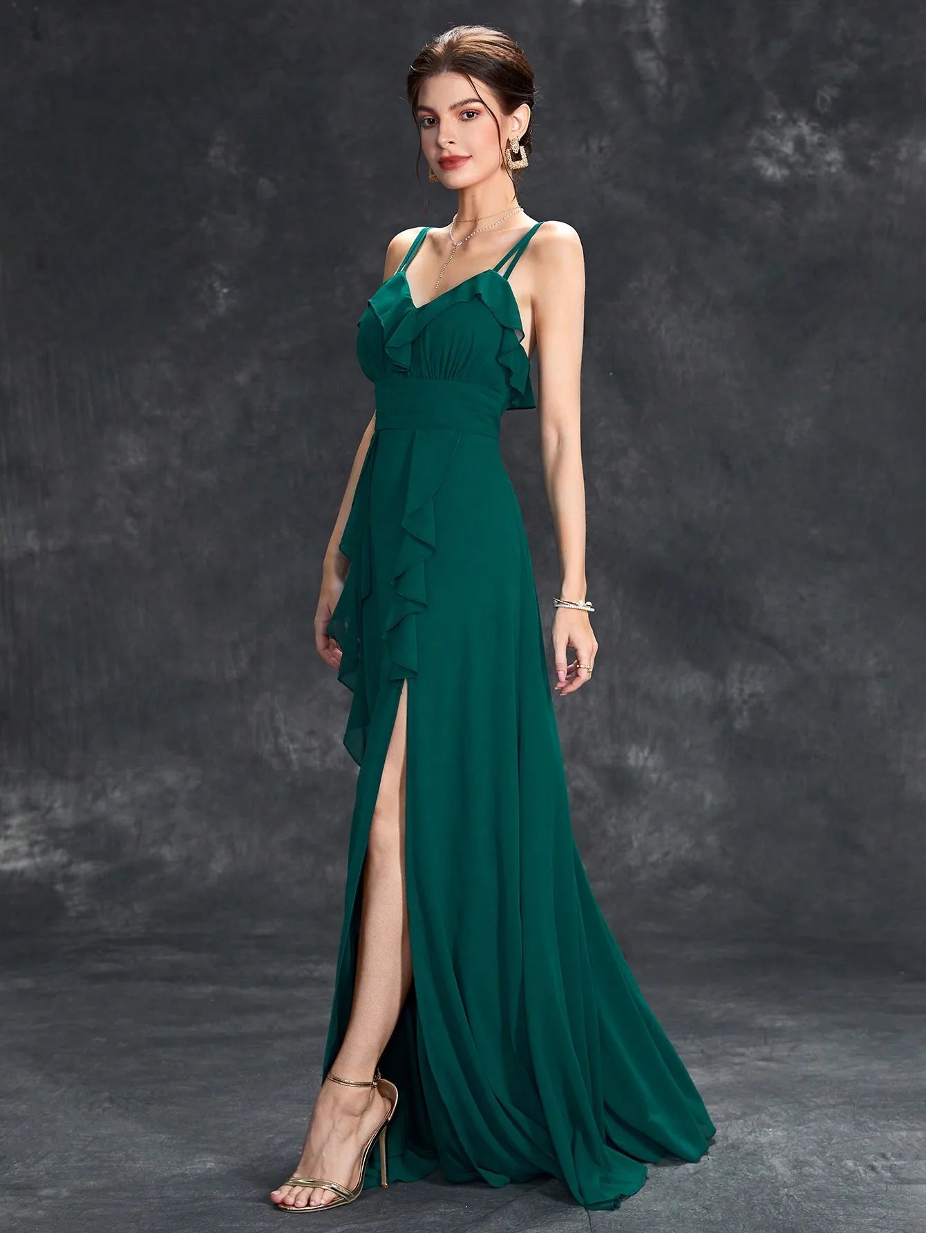 V-neck ruffled waist Evening gown