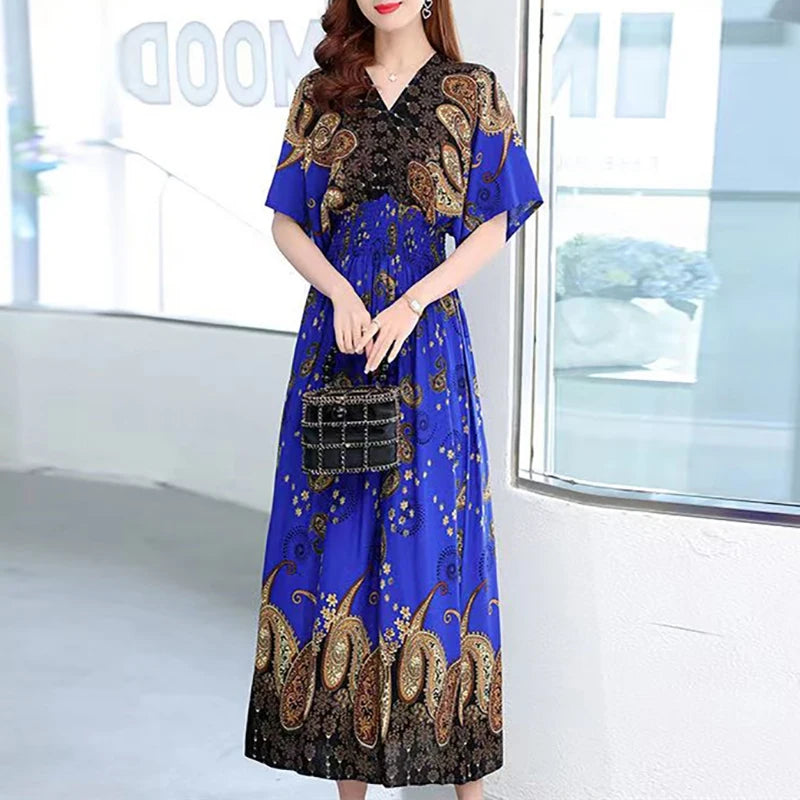 Print Batwing Sleeve Elastic High Waist Dress