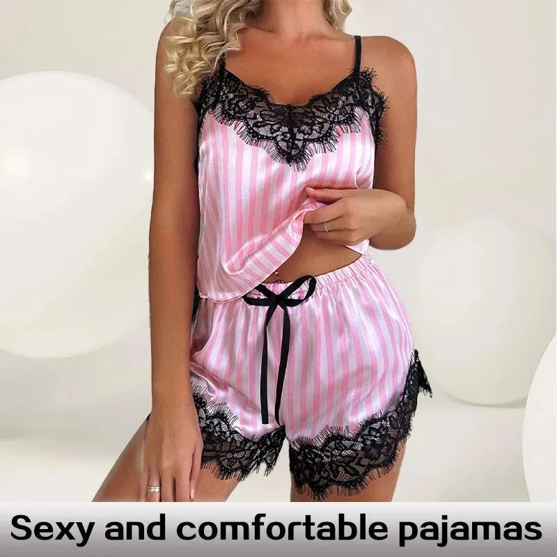 Two Piece Lace Suspender Pajama Shorts Set