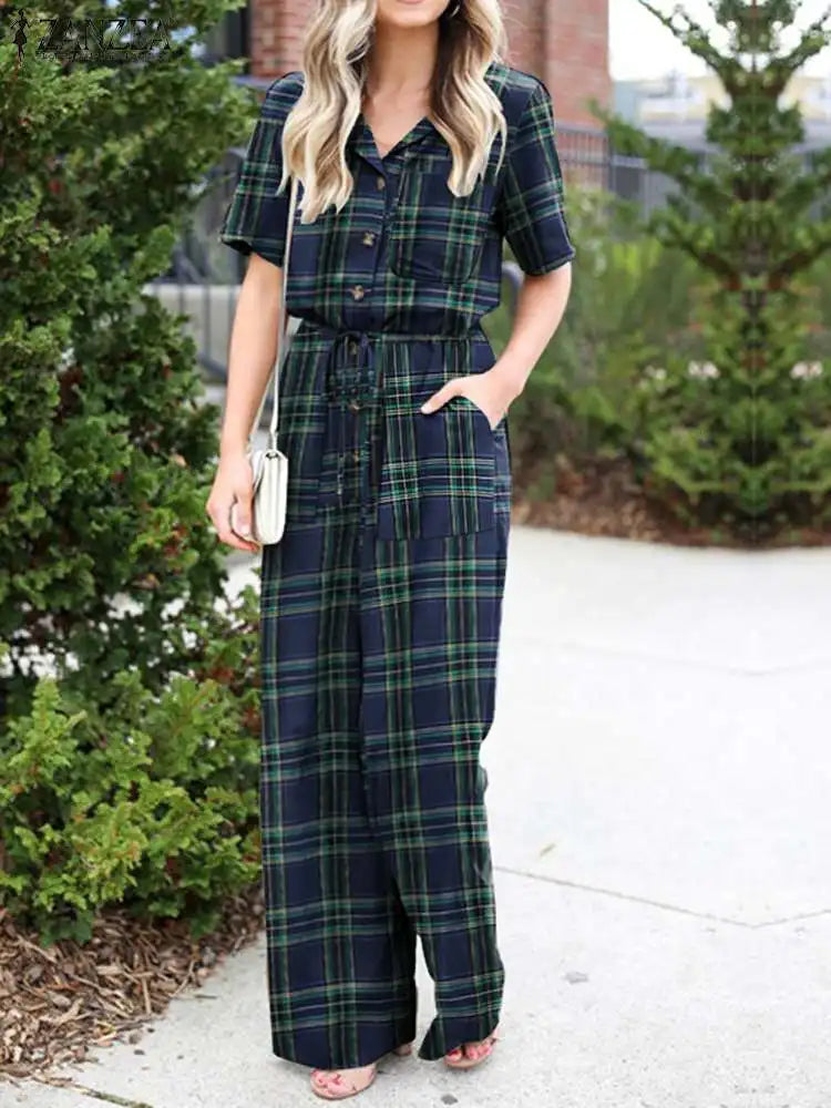Lapel Neck Short Sleeve Long Jumpsuit