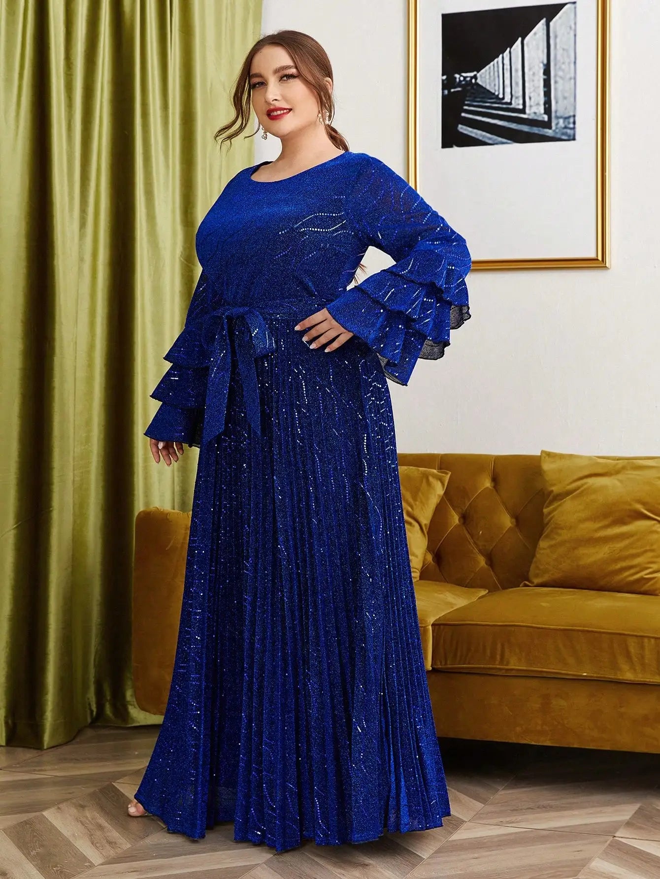 Plus size Round neck multi-layer lotus long sleeve evening gown