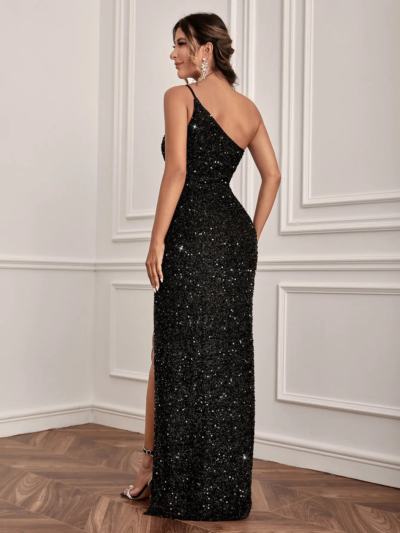 One Shoulder Cut Out Split Thigh Sequin Formal Dress