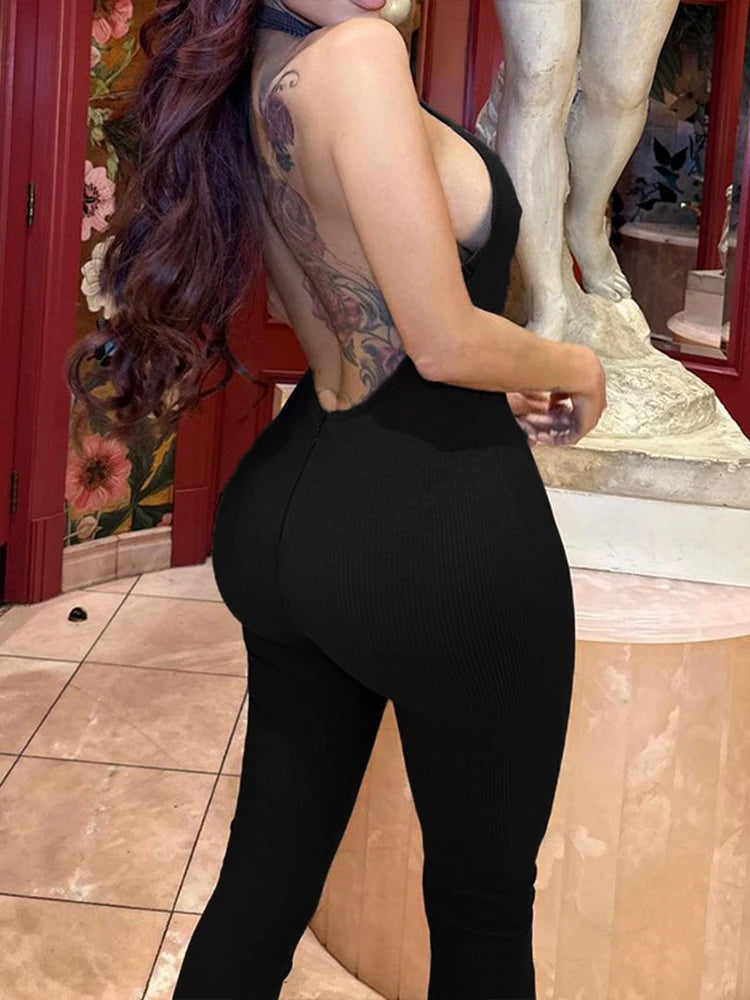 Summer Turtleneck Sleeveless Sexy Backless Bodycon Jumpsuits