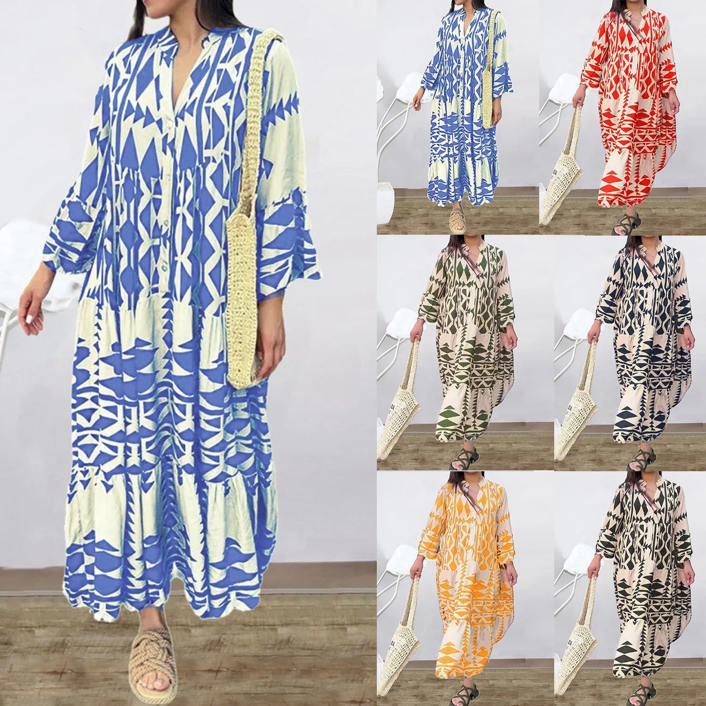 Long Sleeve Pleated Boho Print Shirt Dress