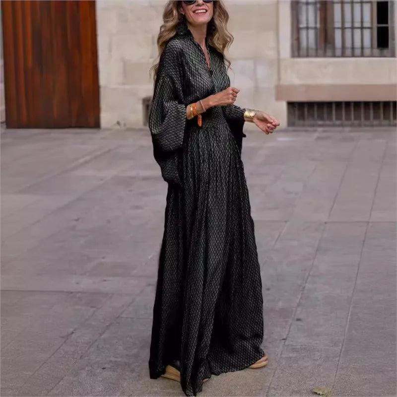 V-neck Folds Waist Loose Maxi Dress