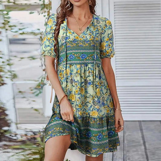 Womens Boho Floral Print Tie Up Dress