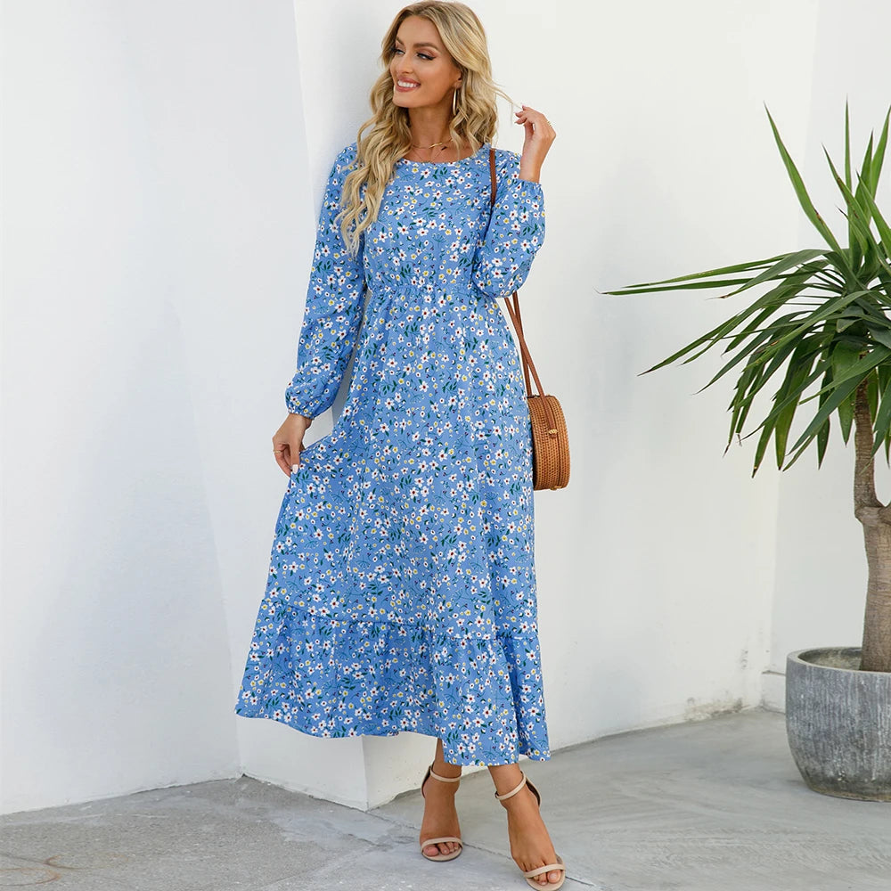 Bohemian Women Maxi Long Sleeve High Waist Beach Dress