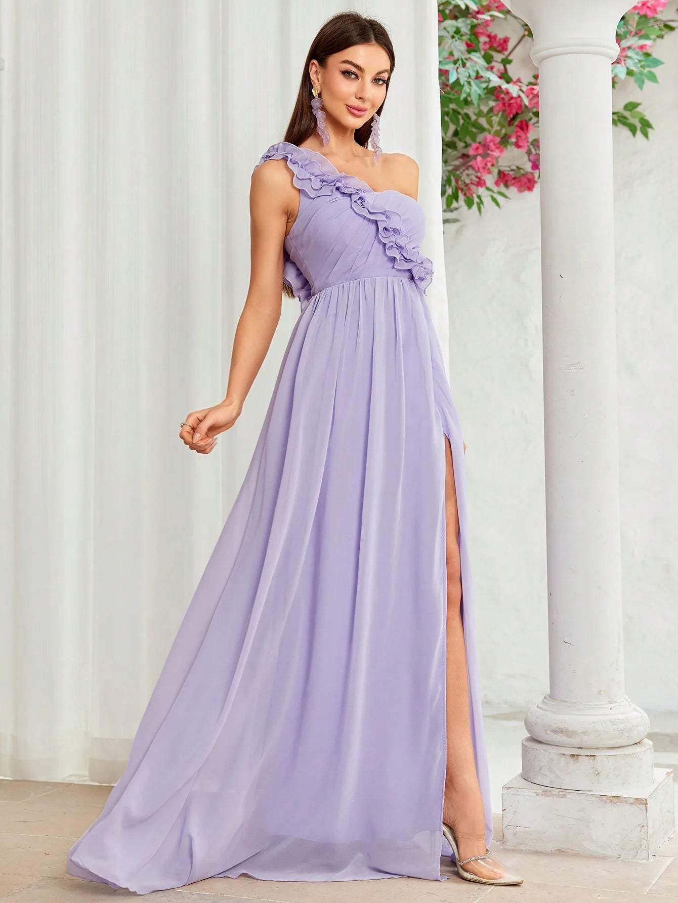 One shoulder floral chest pleated chiffon Evening gown