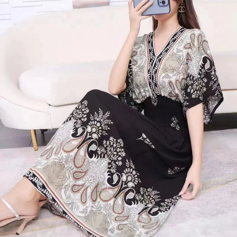 Print Batwing Sleeve Elastic High Waist Dress