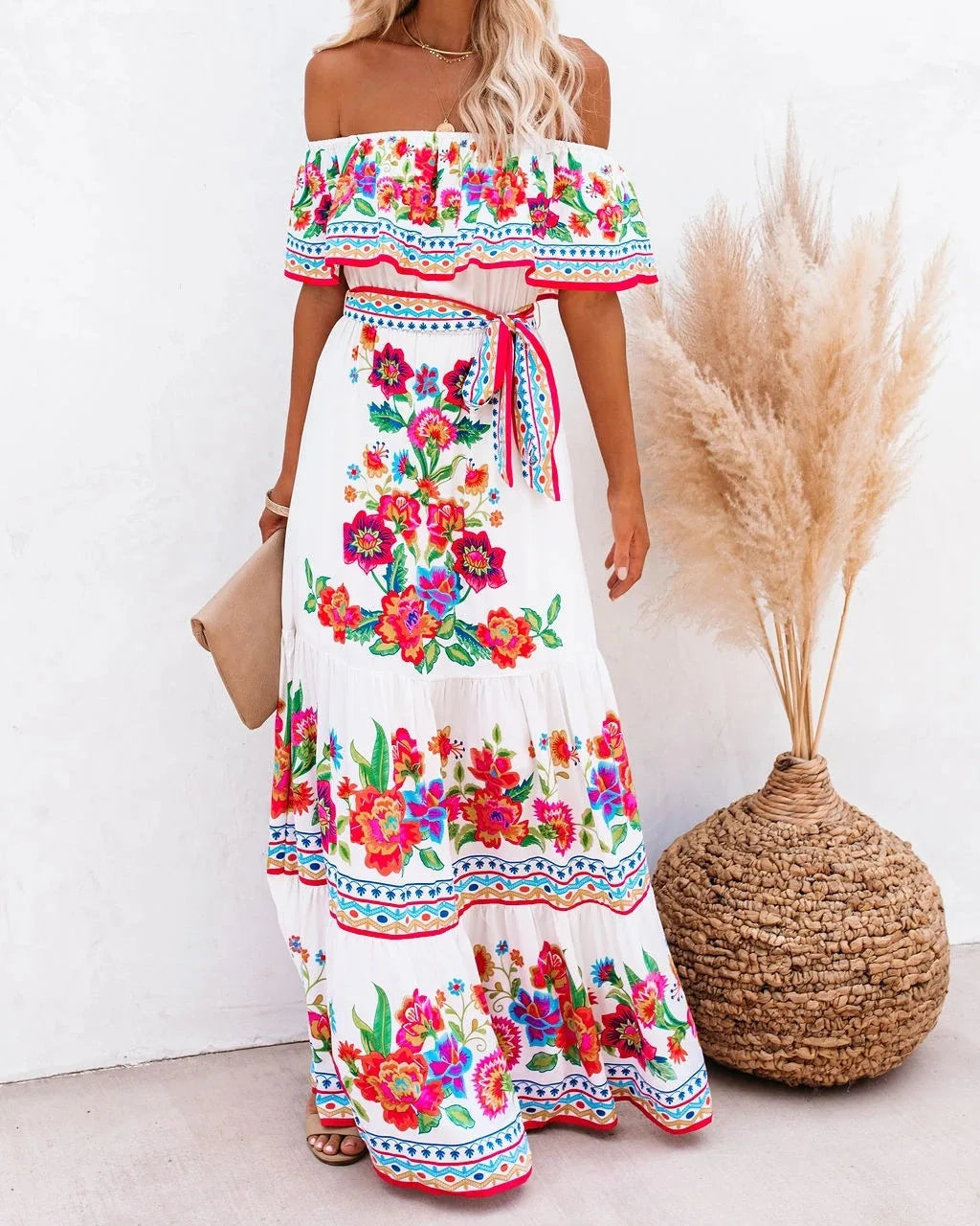 Boho  Print Slash Neck Maxi Dress
