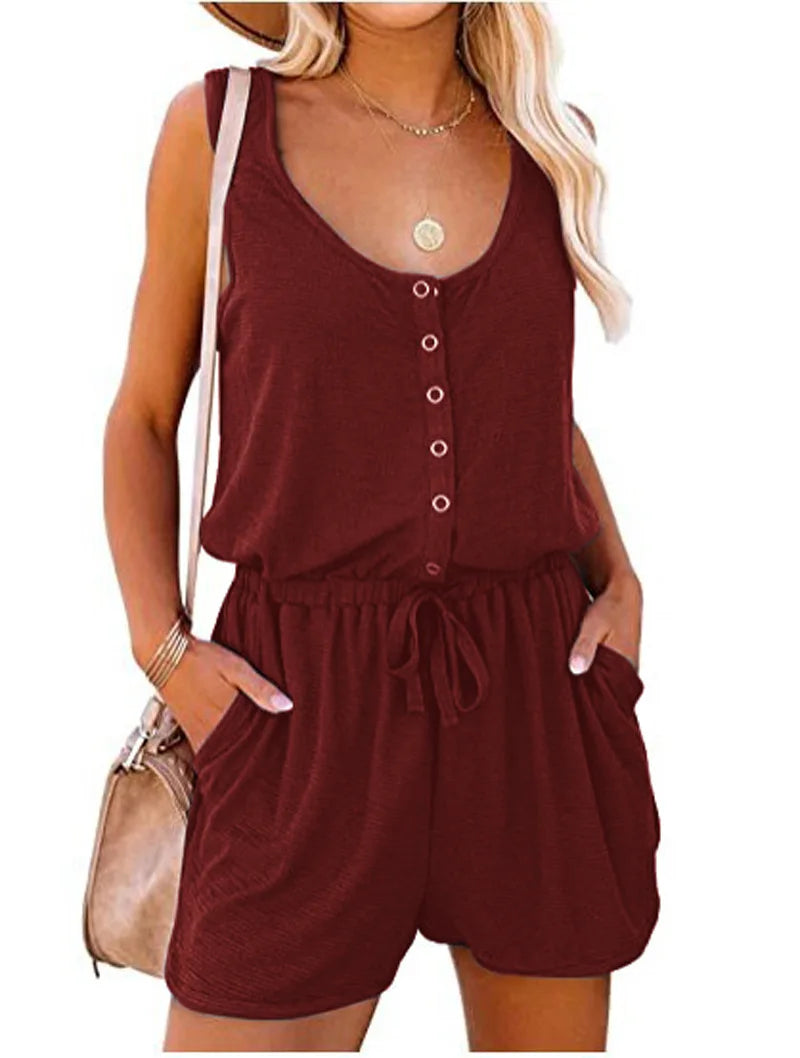 Summer Button Style New Sleeveless Jumpsuit With Waist Tied