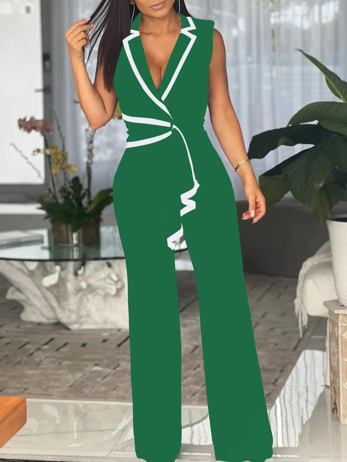 Striped Splicing Notched Collar Wide Leg Jumpsuits