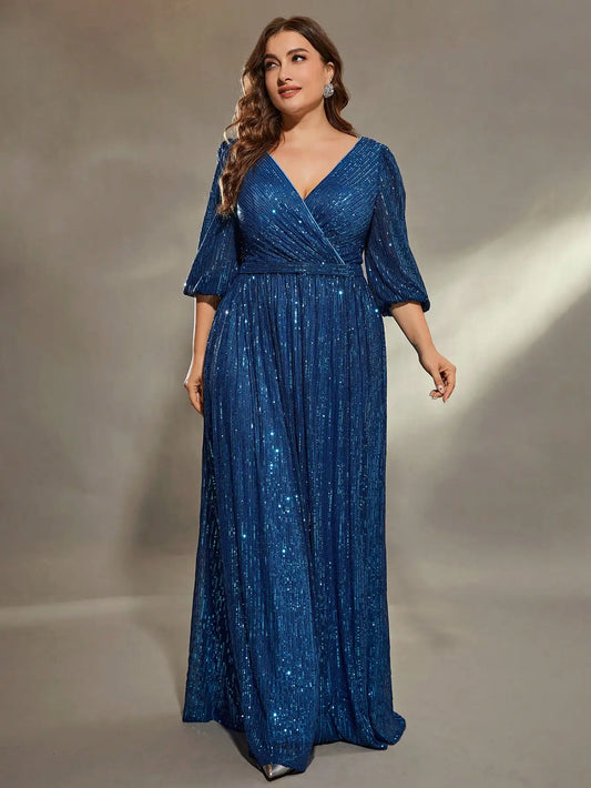 Plus size mid sleeve A-frame sequins Evening gown