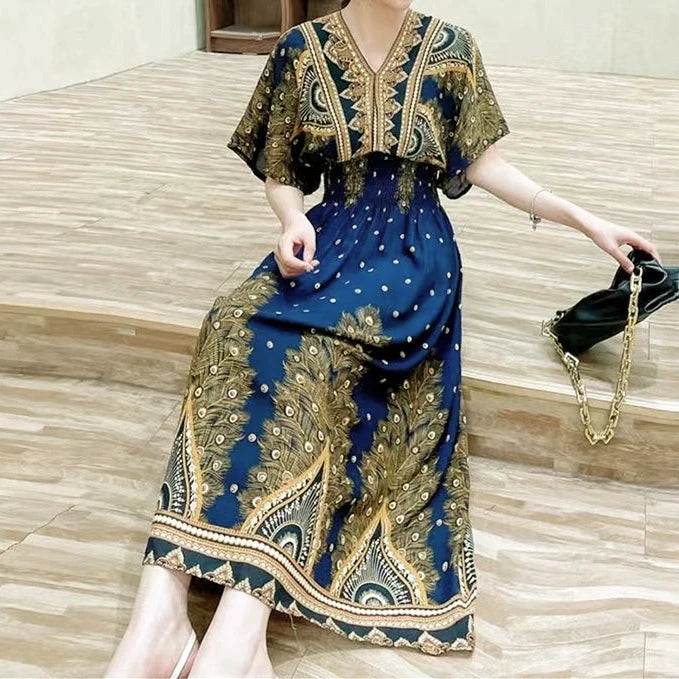 Print Batwing Sleeve Elastic High Waist Dress