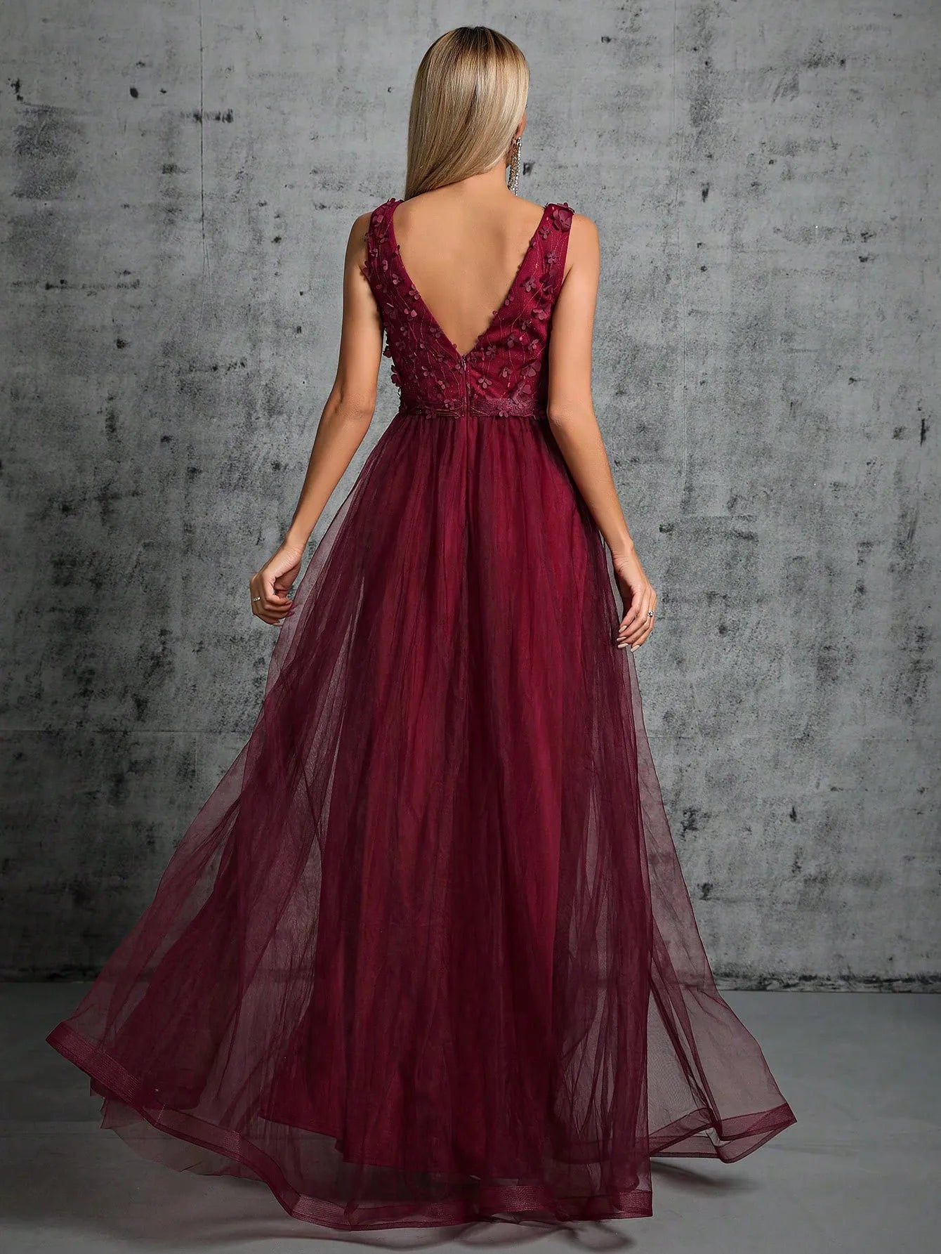 3d sequin embroidered mesh evening gown