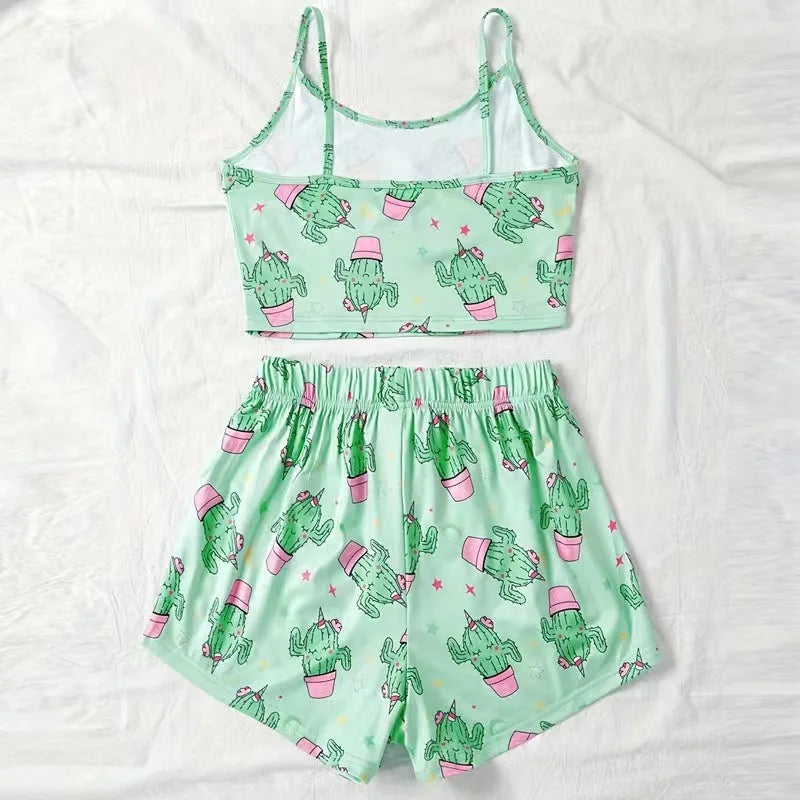 Green Ventilate Tank Tops And Shorts Pajamas Set