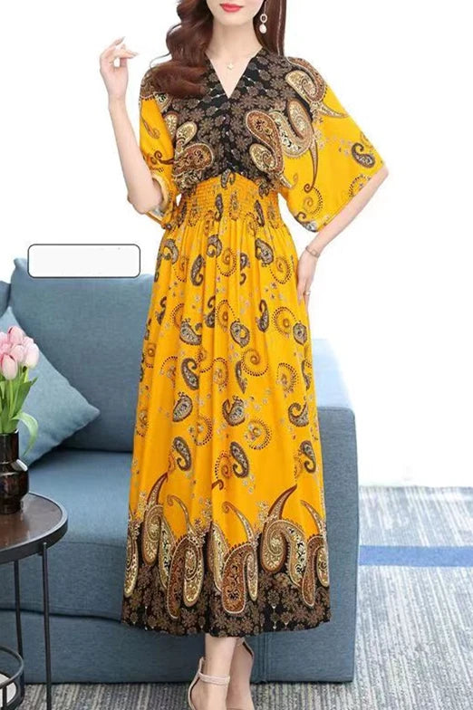 Colorful Flower V-neck Elastic Youthful Bohemian Dress