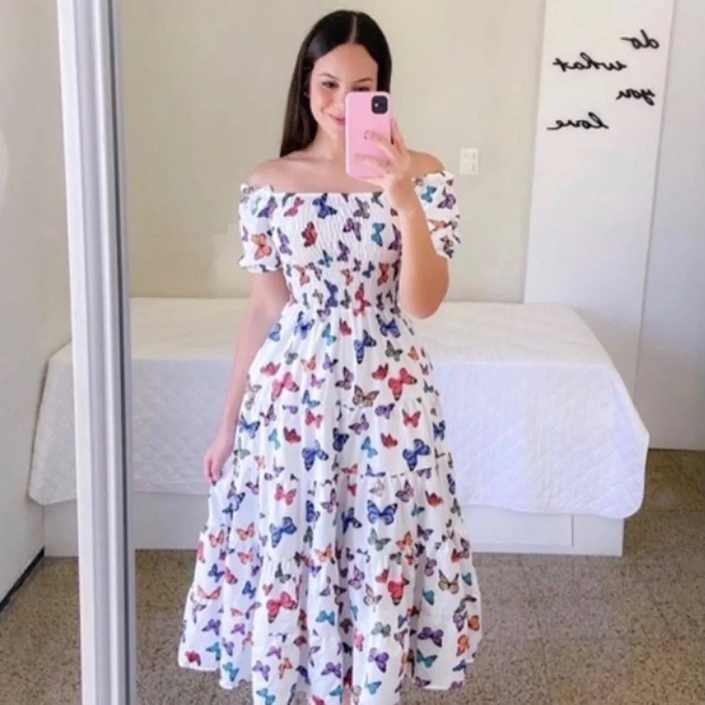 Off Shoulder Flower Print Midi Dress