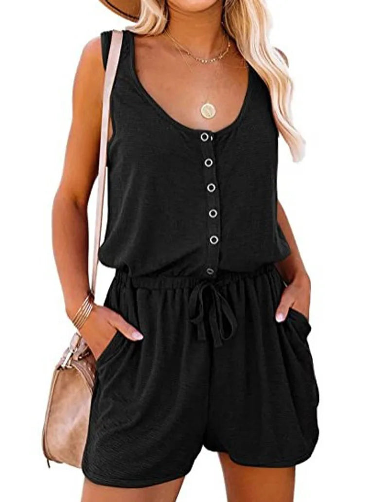 Summer Button Style New Sleeveless Jumpsuit With Waist Tied