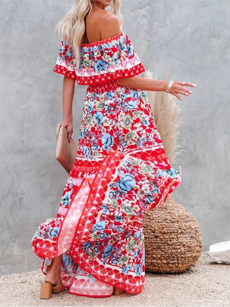 Boho  Print Slash Neck Maxi Dress