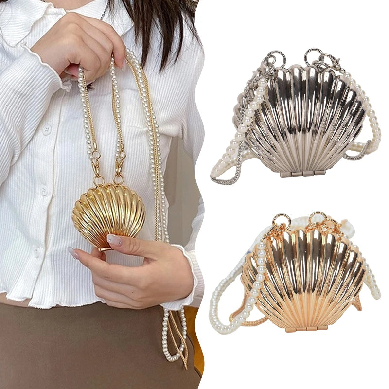 Metal Mini Shell Pearl Chain Shoulder Bag