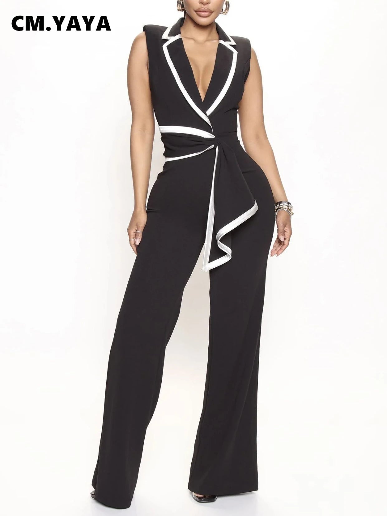 Striped Splicing Notched Collar Wide Leg Jumpsuits