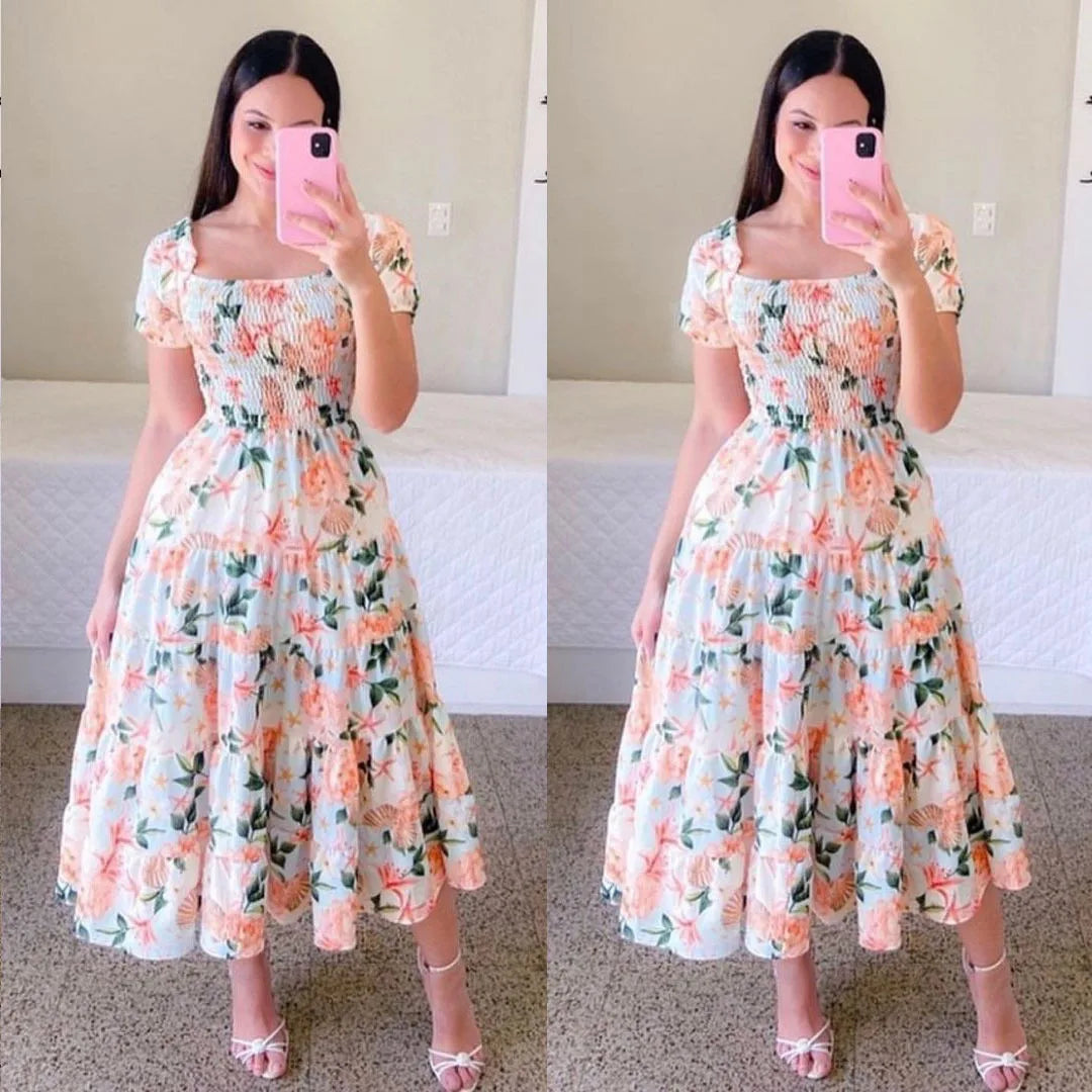 Off Shoulder Flower Print Midi Dress