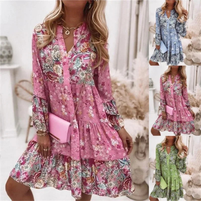 Boho V Neck Loose A Line Dress Elegant Beach Party Dress