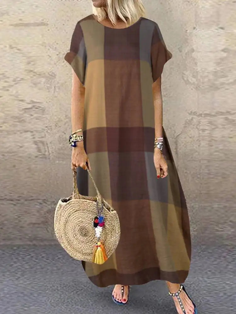 Bohemian Plaid Checked Sundress Summer Short Sleeve Long Dress