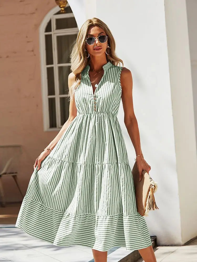 Vintage Boho Summer Striped Shirt Dress