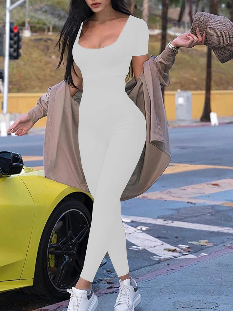 Short Sleeve Solid Skinny Bodycon Jumpsuits