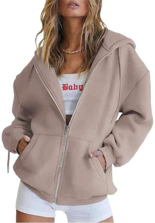 Women Zip Up Pockets Sweatshirt