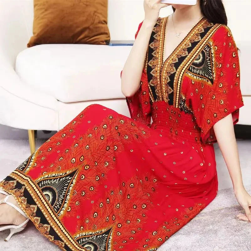 Print Batwing Sleeve Elastic High Waist Dress