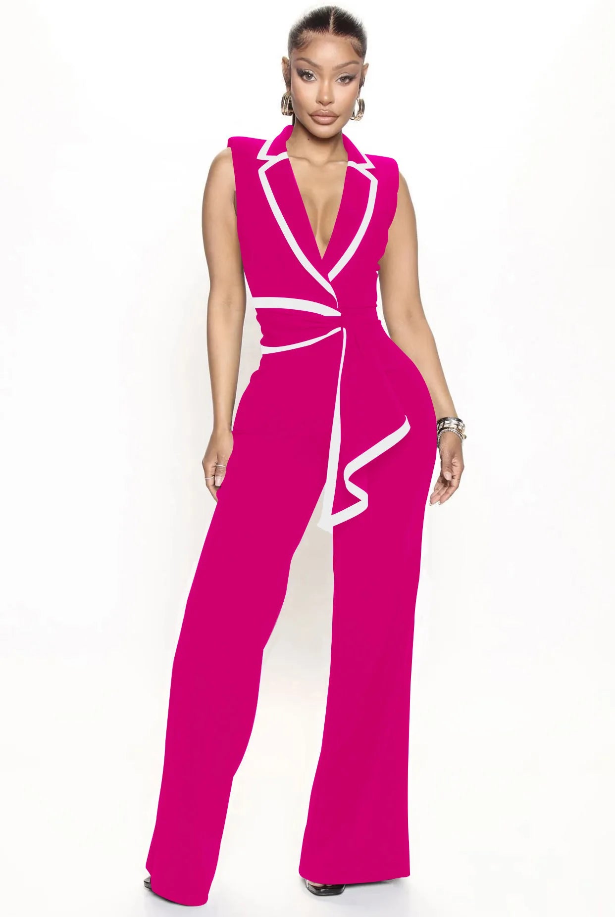 Striped Splicing Notched Collar Wide Leg Jumpsuits
