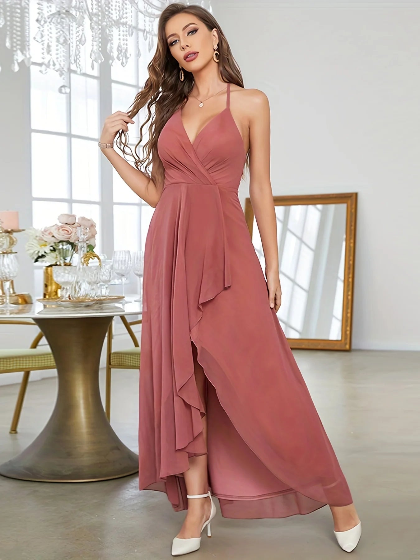 Ruffle Hem V-neck Halter Bridesmaid Dress