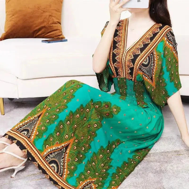 Print Batwing Sleeve Elastic High Waist Dress