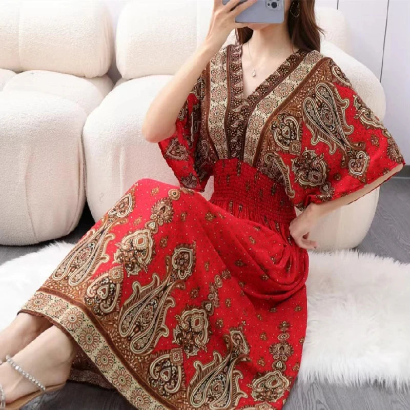 Print Batwing Sleeve Elastic High Waist Dress