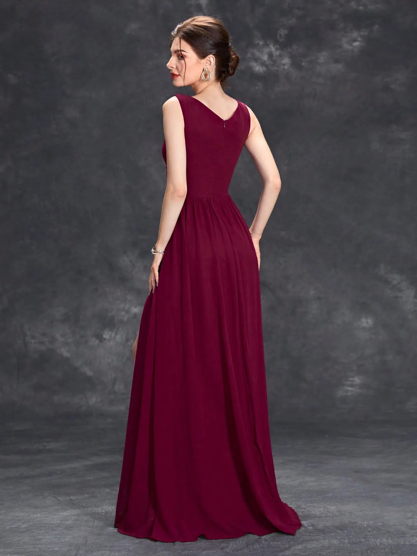 V-neck asymmetrical maroon pleats dress
