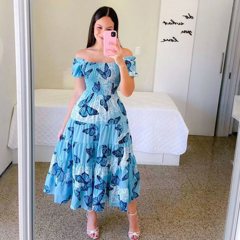 Off Shoulder Flower Print Midi Dress