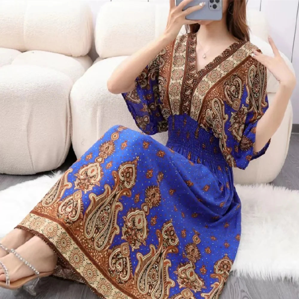 Print Batwing Sleeve Elastic High Waist Dress