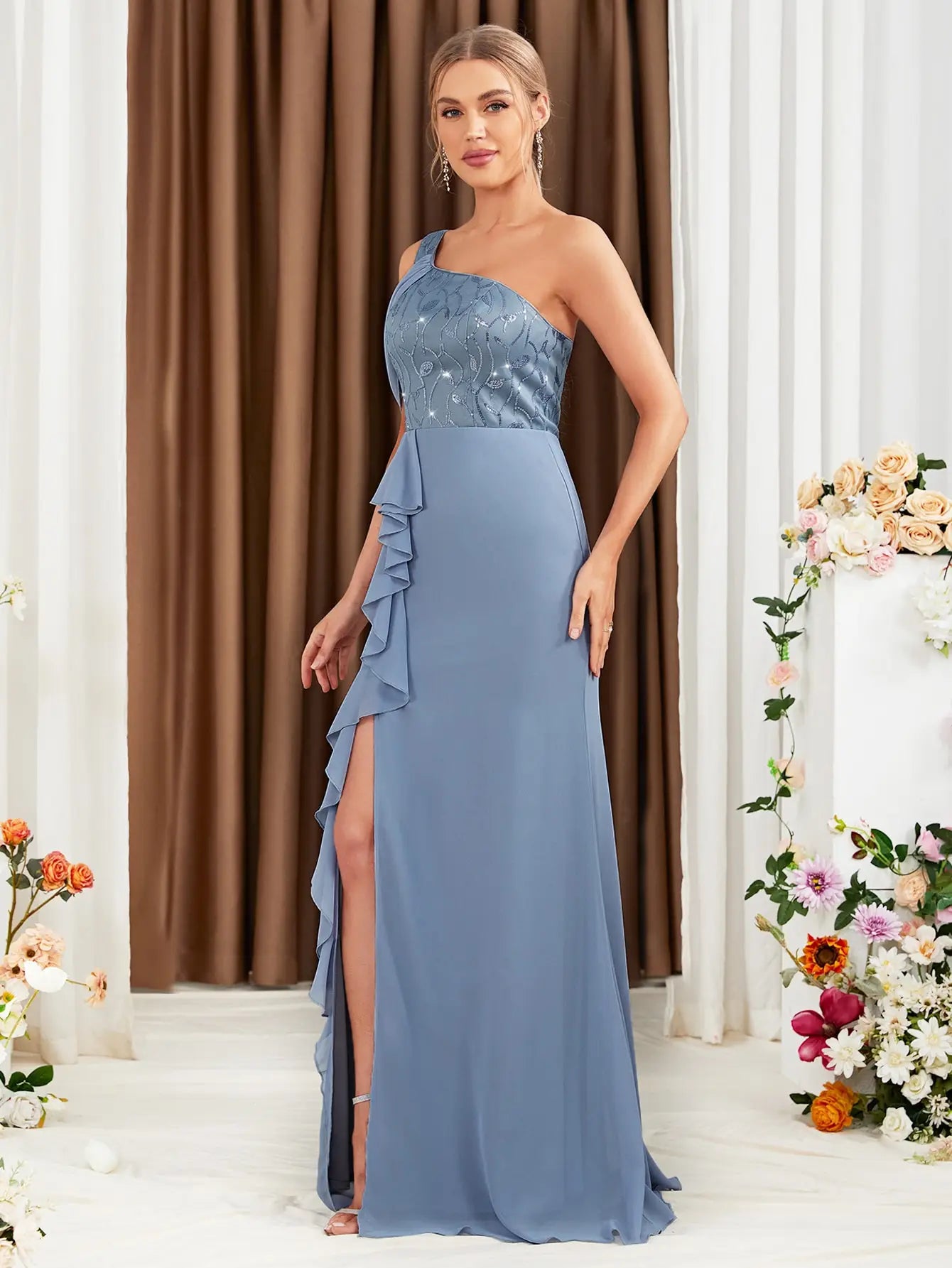 One-shoulder lace sequin Evening Dress