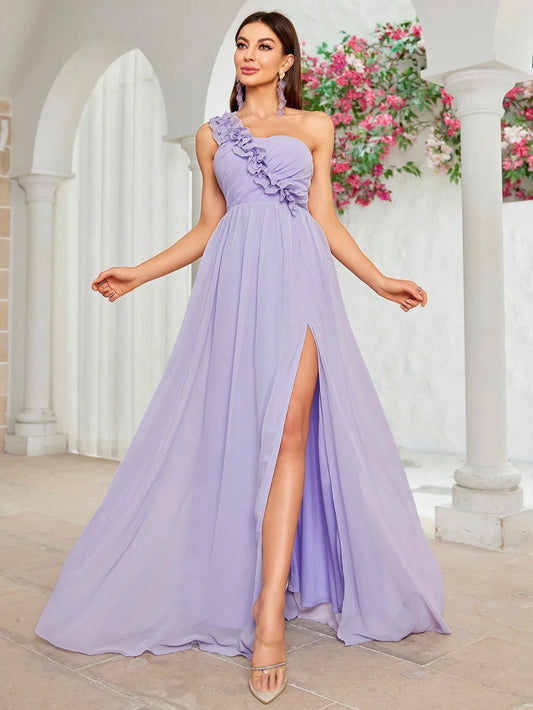 One shoulder floral chest pleated chiffon Evening gown