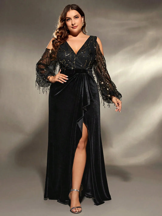 Plus size Deep V cross neck slit Evening gown